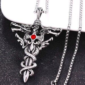 Vintage Double Dragon Sword Necklace for Men, BL55590007
